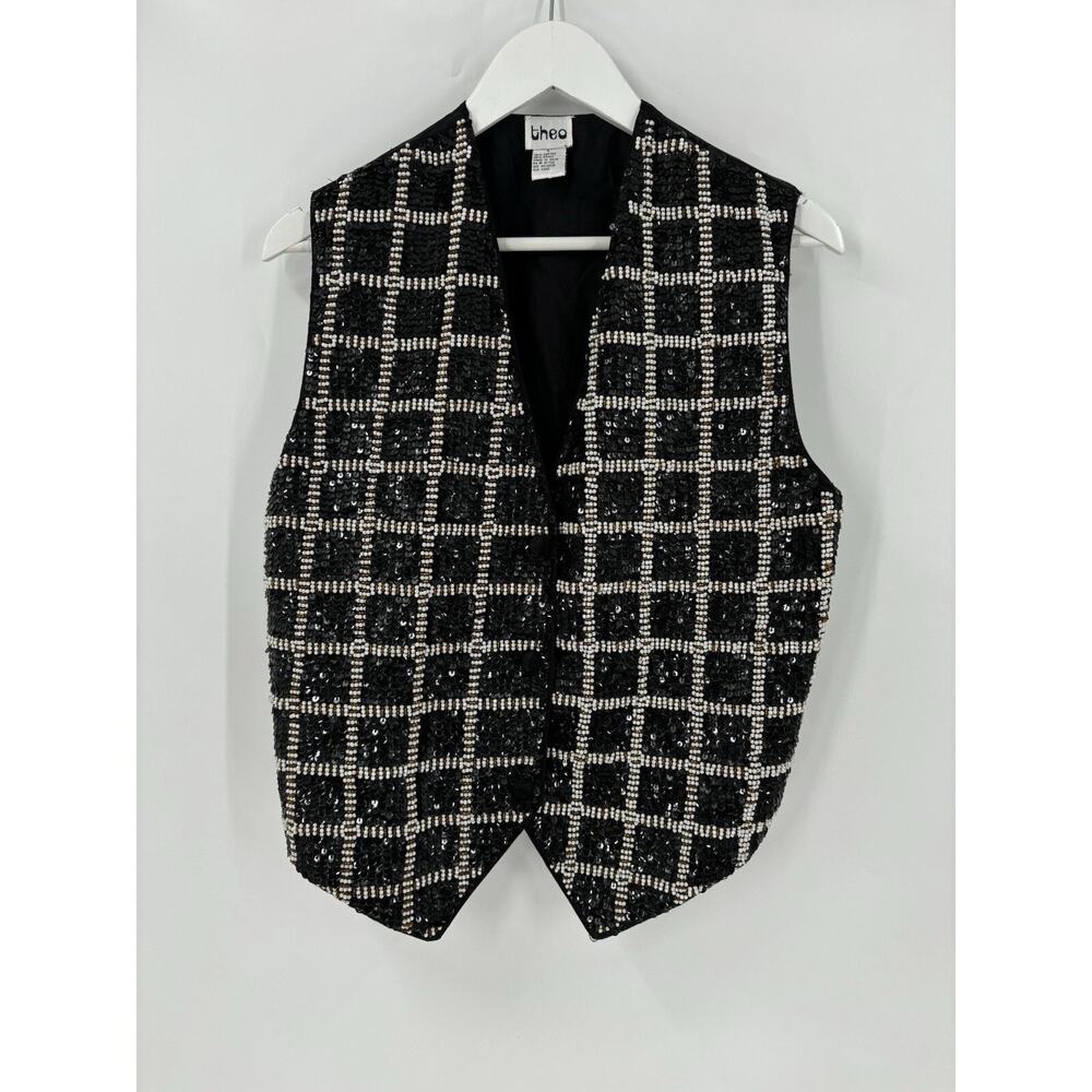 Theo Vintage Vest Womens Large Black Beaded Sequin Sleeveless V Neck Evening Top